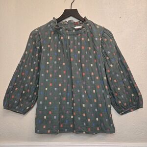 RO & DE Anthropologie Cotton High Neck Blouse Green Multi Checkered Womens Small
